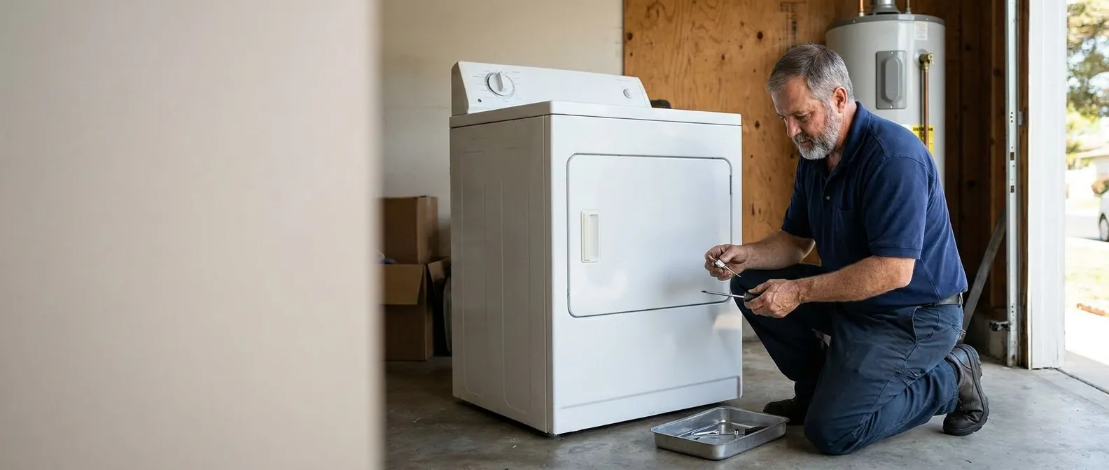 Technician repairing a Amana dryer in a Southern California home