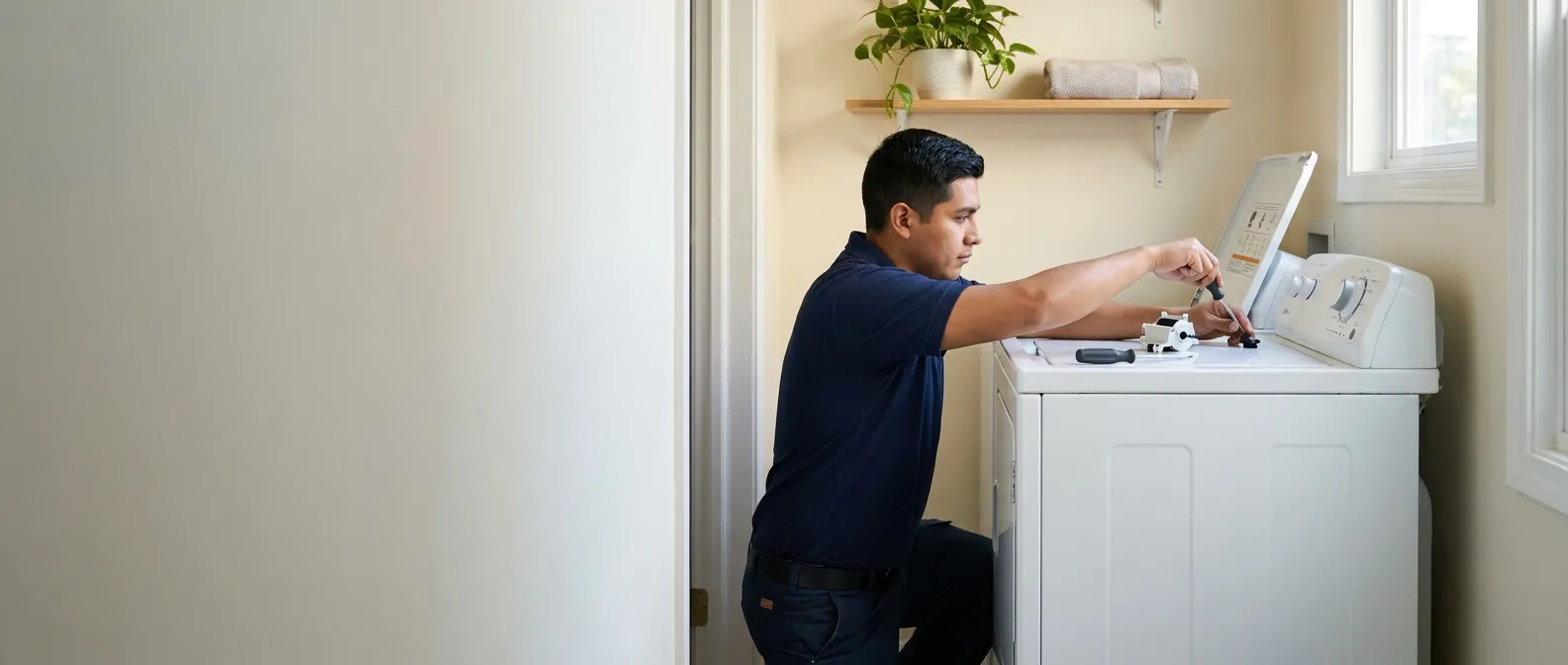 Technician repairing a Amana washing machine in a Southern California home