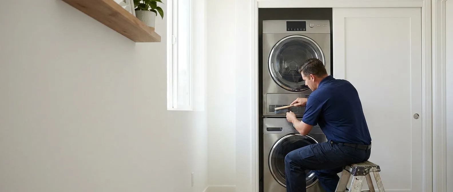 Technician repairing a Asko dryer in a Southern California home