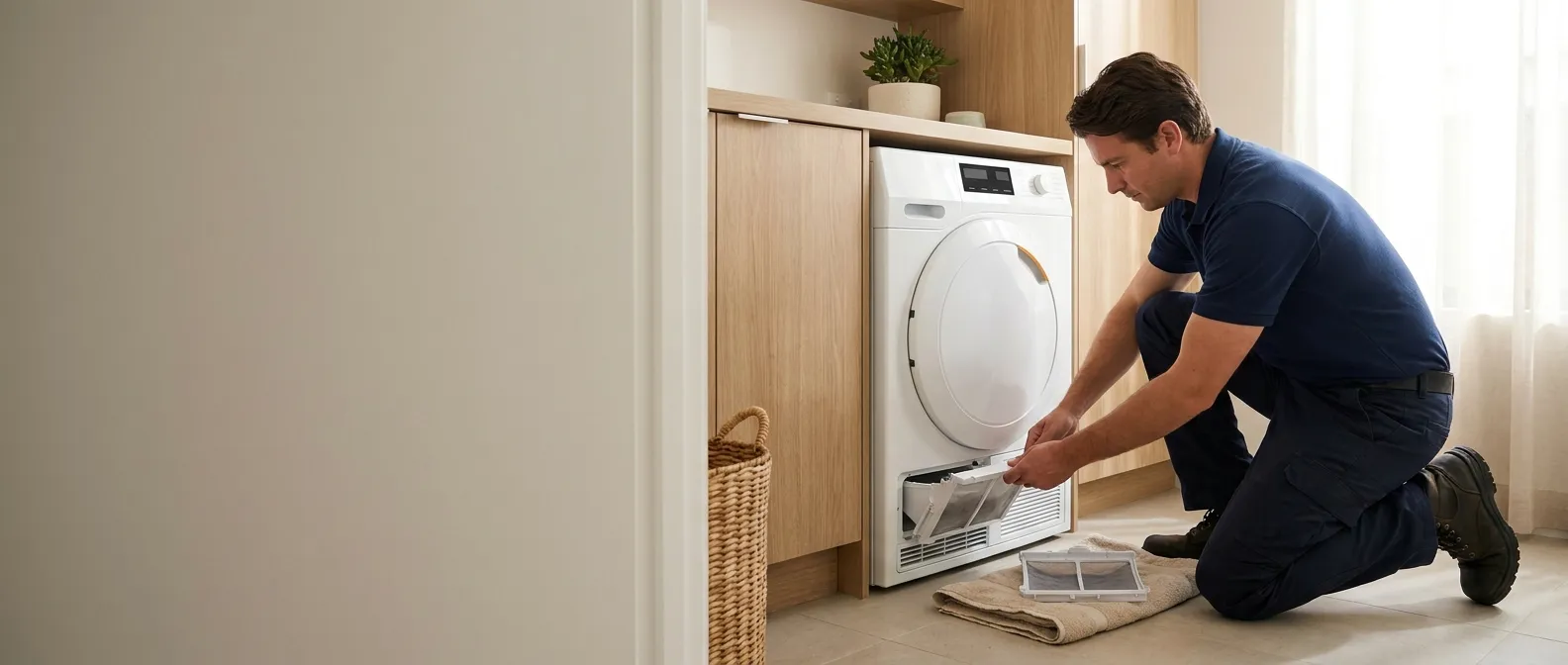 Technician repairing a Beko dryer in a Southern California home