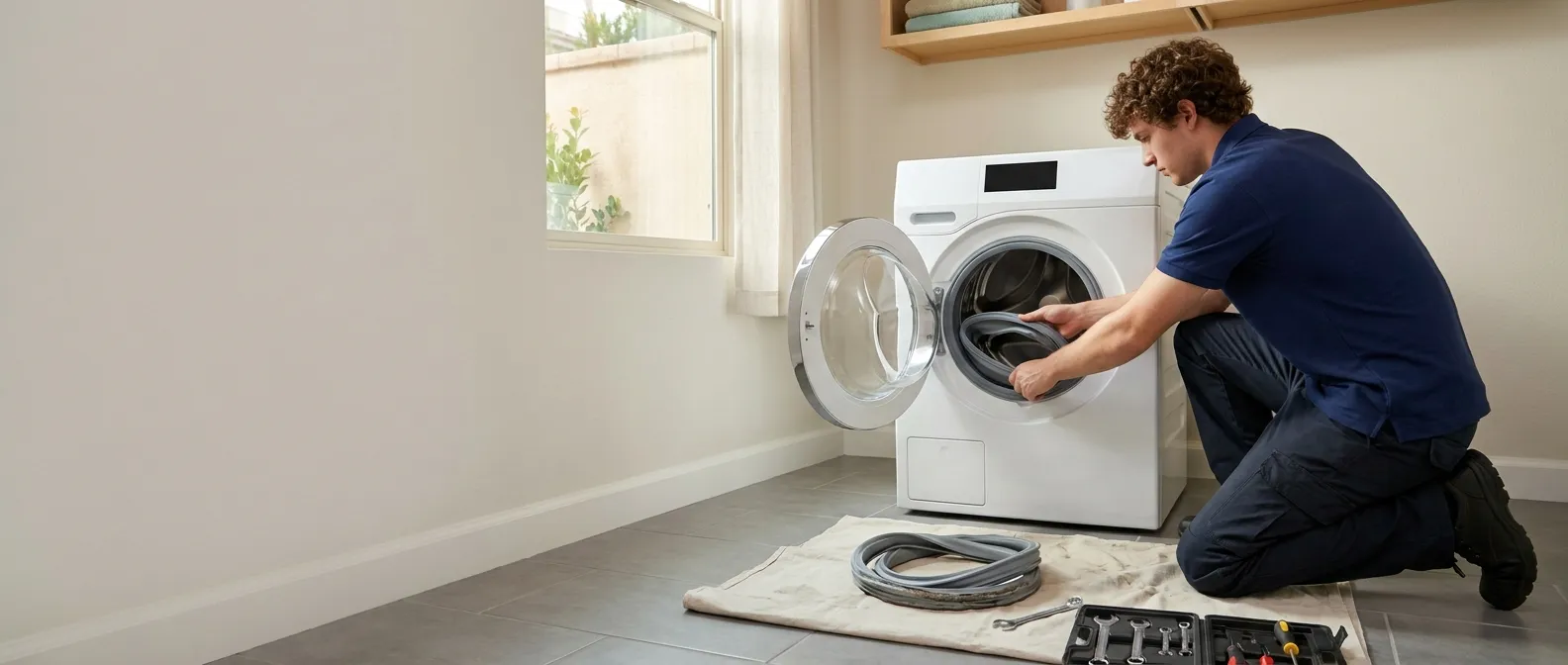 Technician repairing a Beko washing machine in a Southern California home