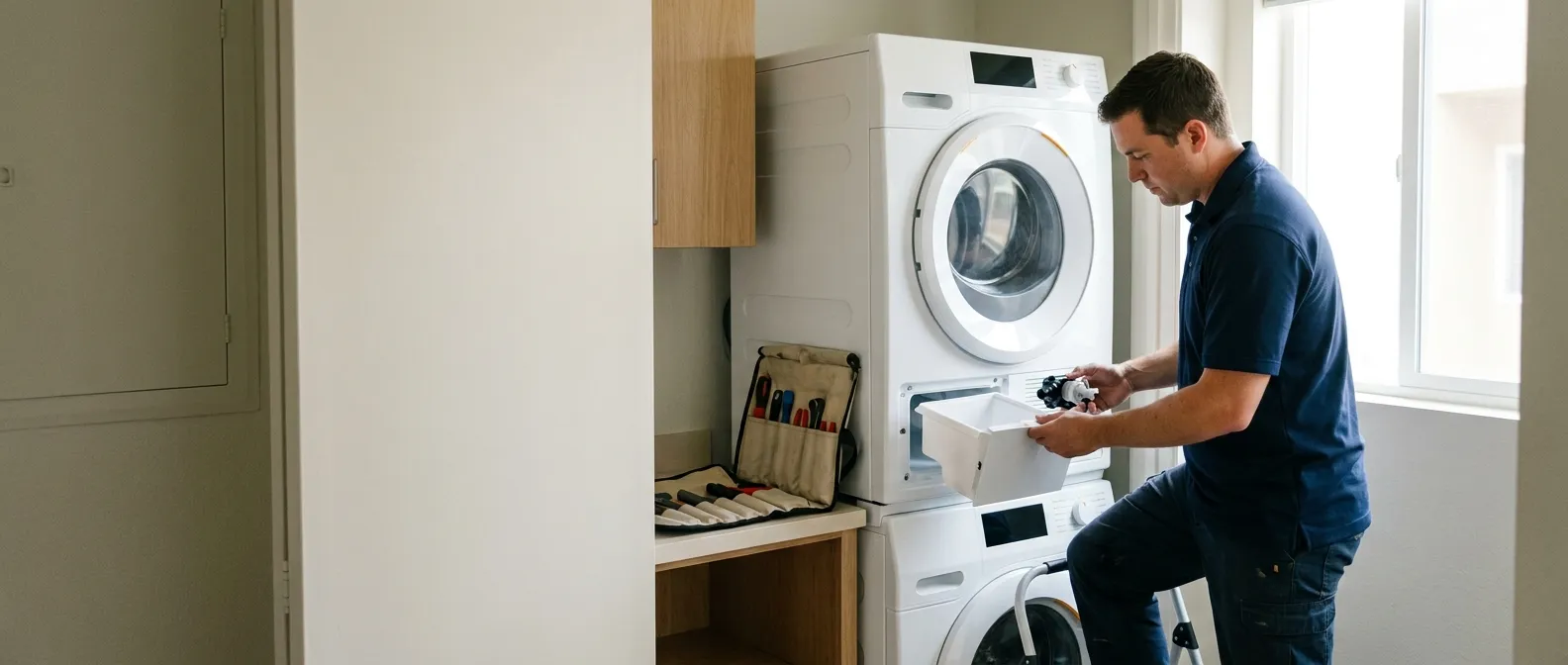 Technician repairing a Blomberg dryer in a Southern California home