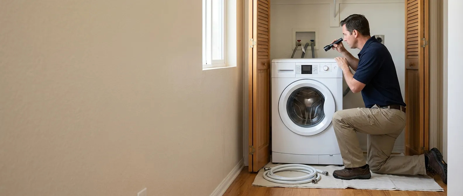 Technician repairing a Blomberg washing machine in a Southern California home