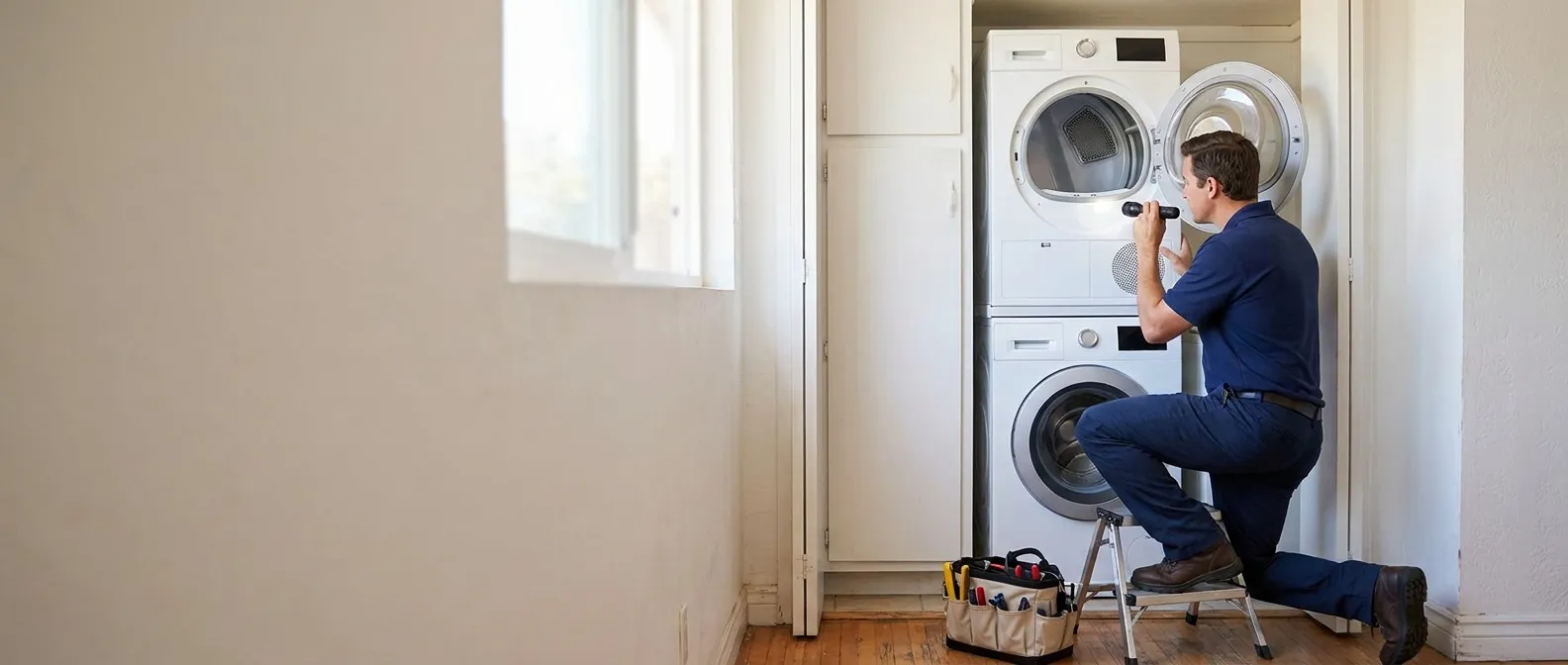 Technician repairing a Bosch dryer in a Southern California home