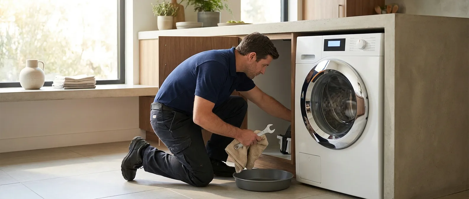 Technician repairing a Bosch washing machine in a Southern California home