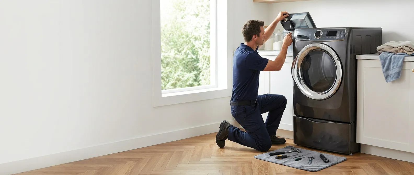 Technician repairing a Electrolux dryer in a Southern California home