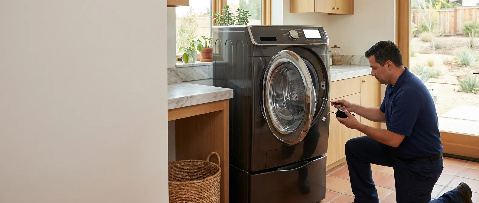Technician repairing a Electrolux washing machine in a Southern California home