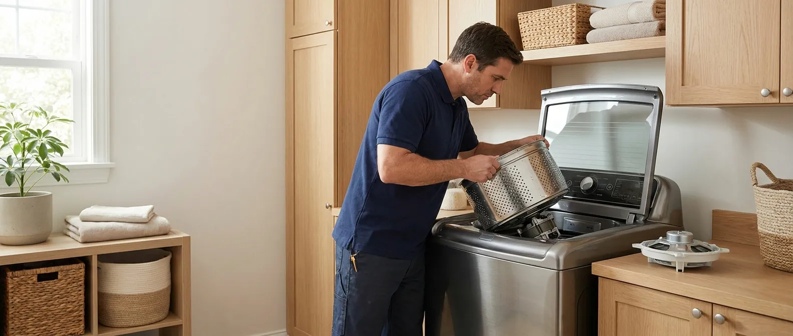 Technician repairing a Fisher & Paykel washing machine in a Southern California home