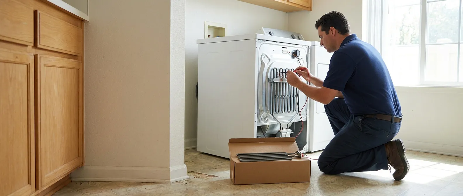 Technician repairing a Frigidaire dryer in a Southern California home
