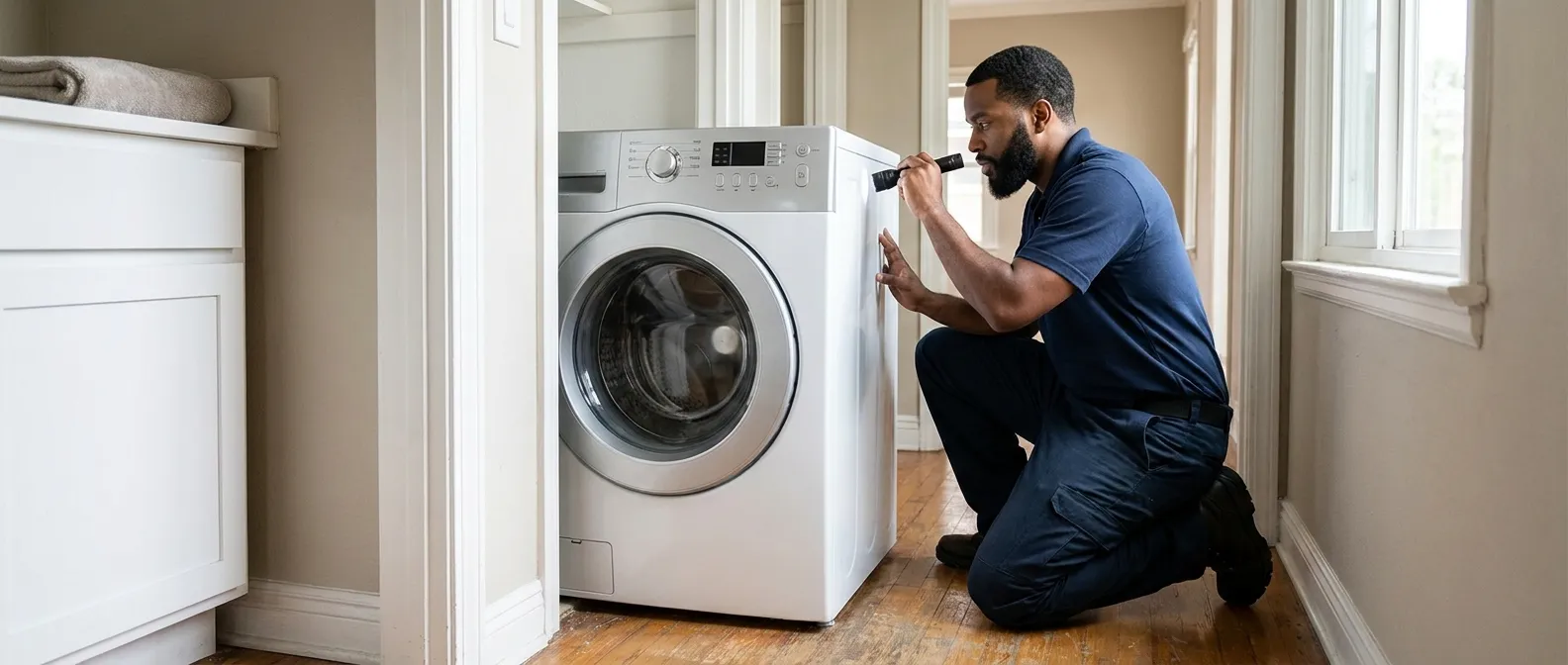 Technician repairing a Frigidaire washing machine in a Southern California home