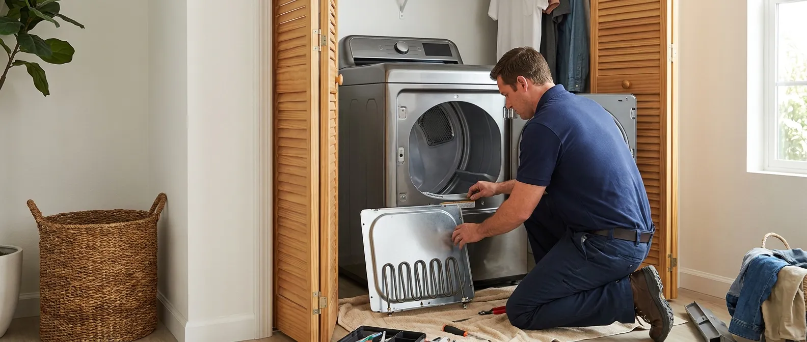 Technician repairing a GE dryer in a Southern California home