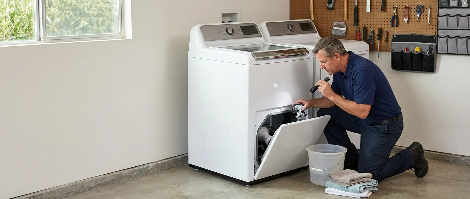 Technician repairing a GE washing machine in a Southern California home