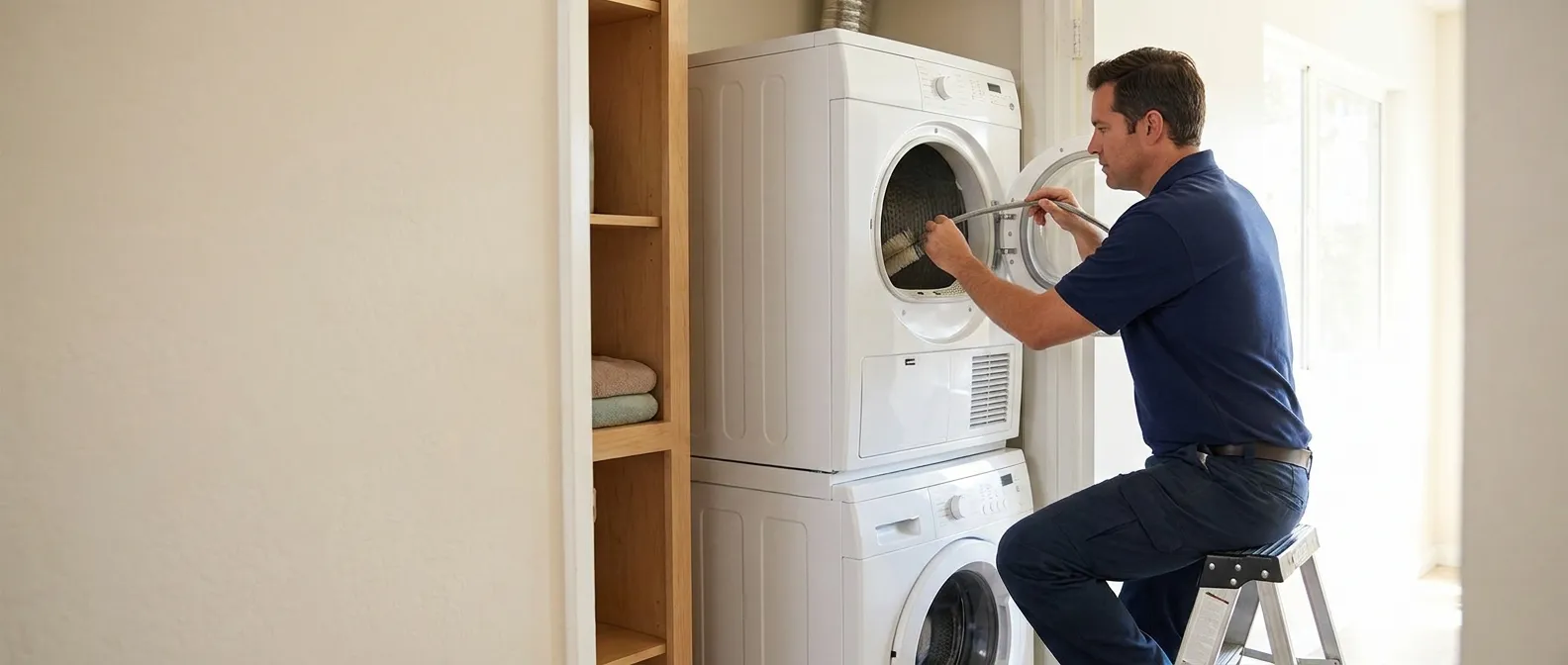Technician repairing a Haier dryer in a Southern California home