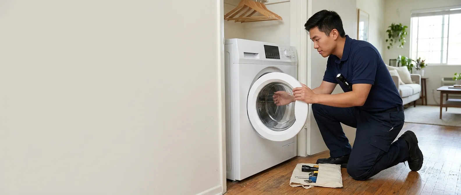 Technician repairing a Haier washing machine in a Southern California home