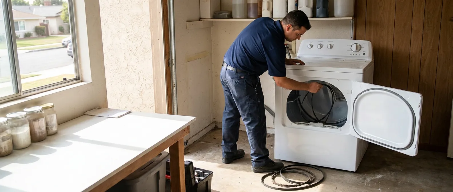 Technician repairing a Hotpoint dryer in a Southern California home
