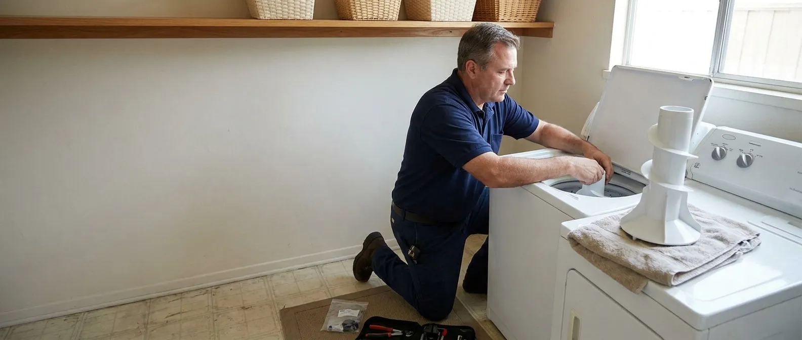 Technician repairing a Hotpoint washing machine in a Southern California home