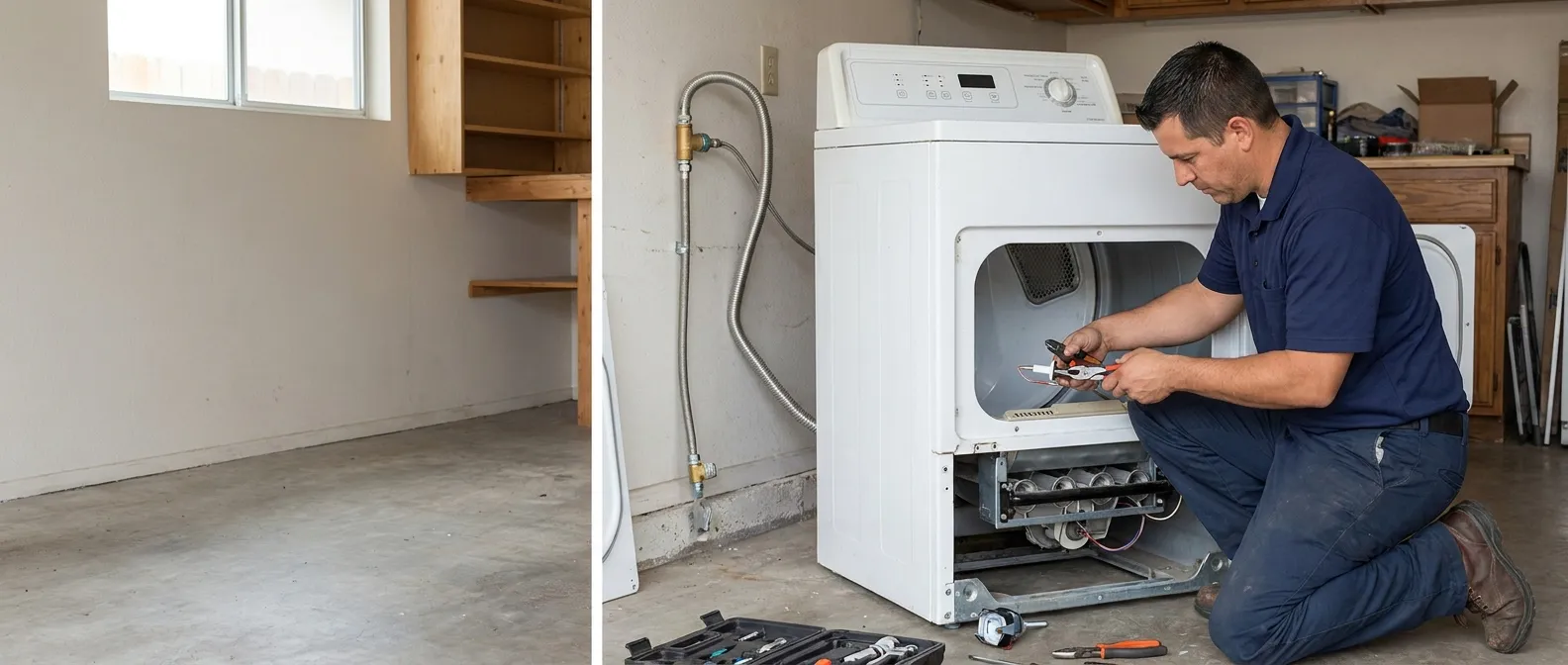 Technician repairing a Kenmore dryer in a Southern California home