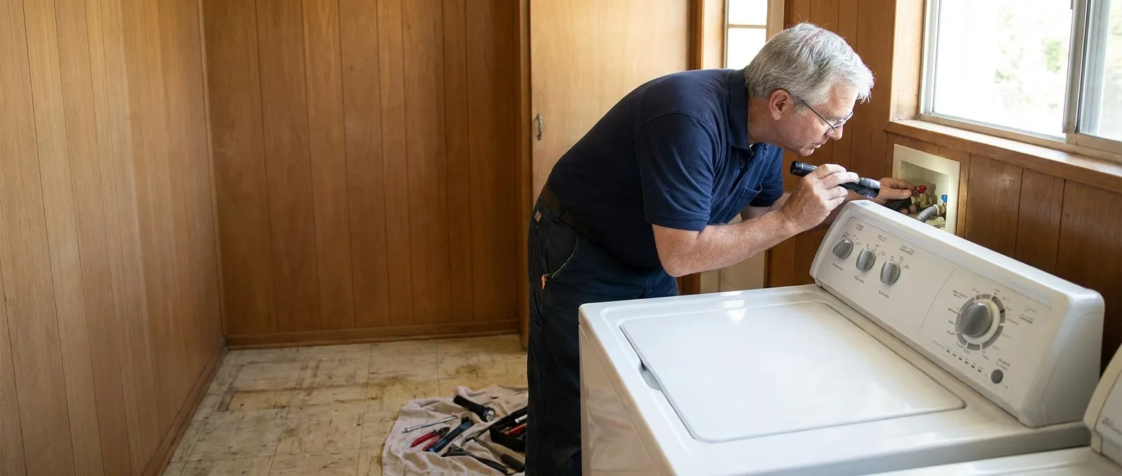 Technician repairing a Kenmore washing machine in a Southern California home