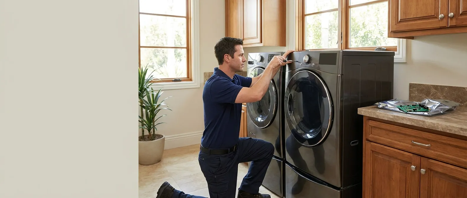 Technician repairing a KitchenAid dryer in a Southern California home