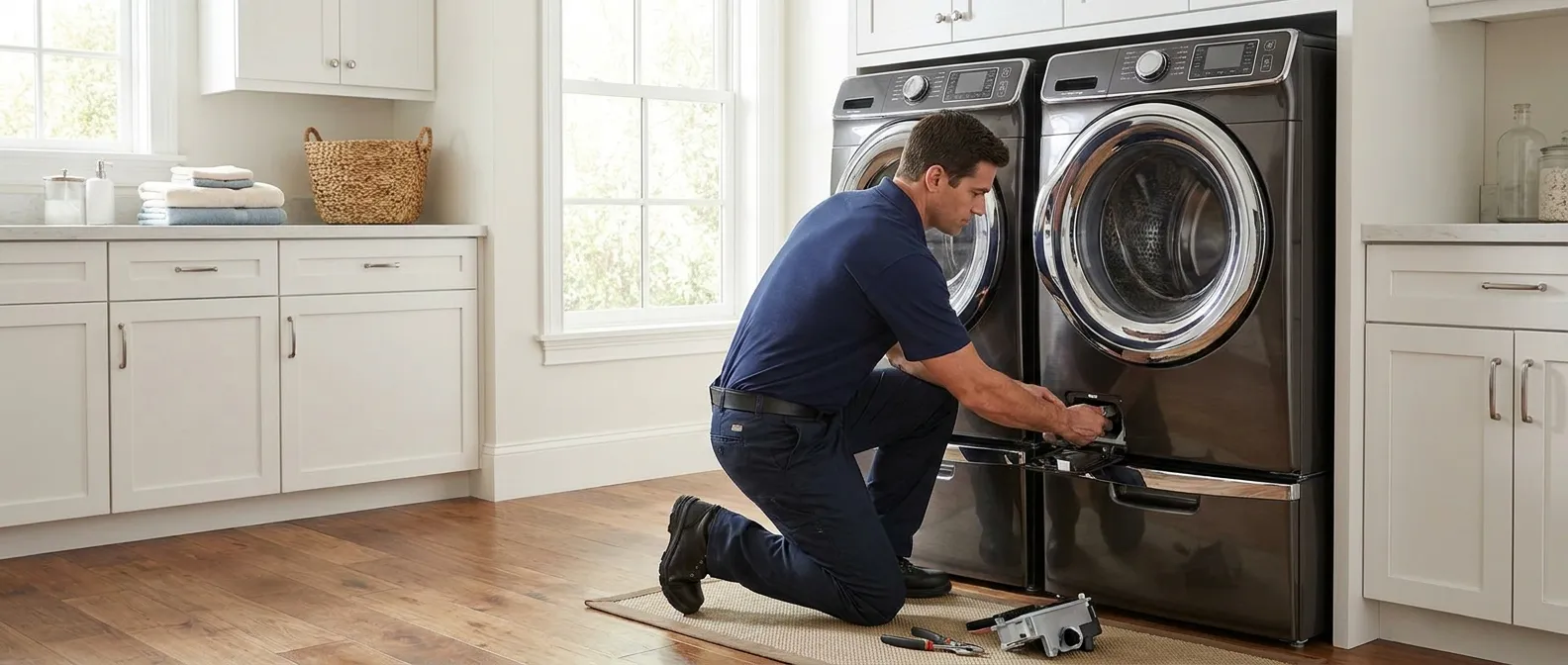 Technician repairing a KitchenAid washing machine in a Southern California home