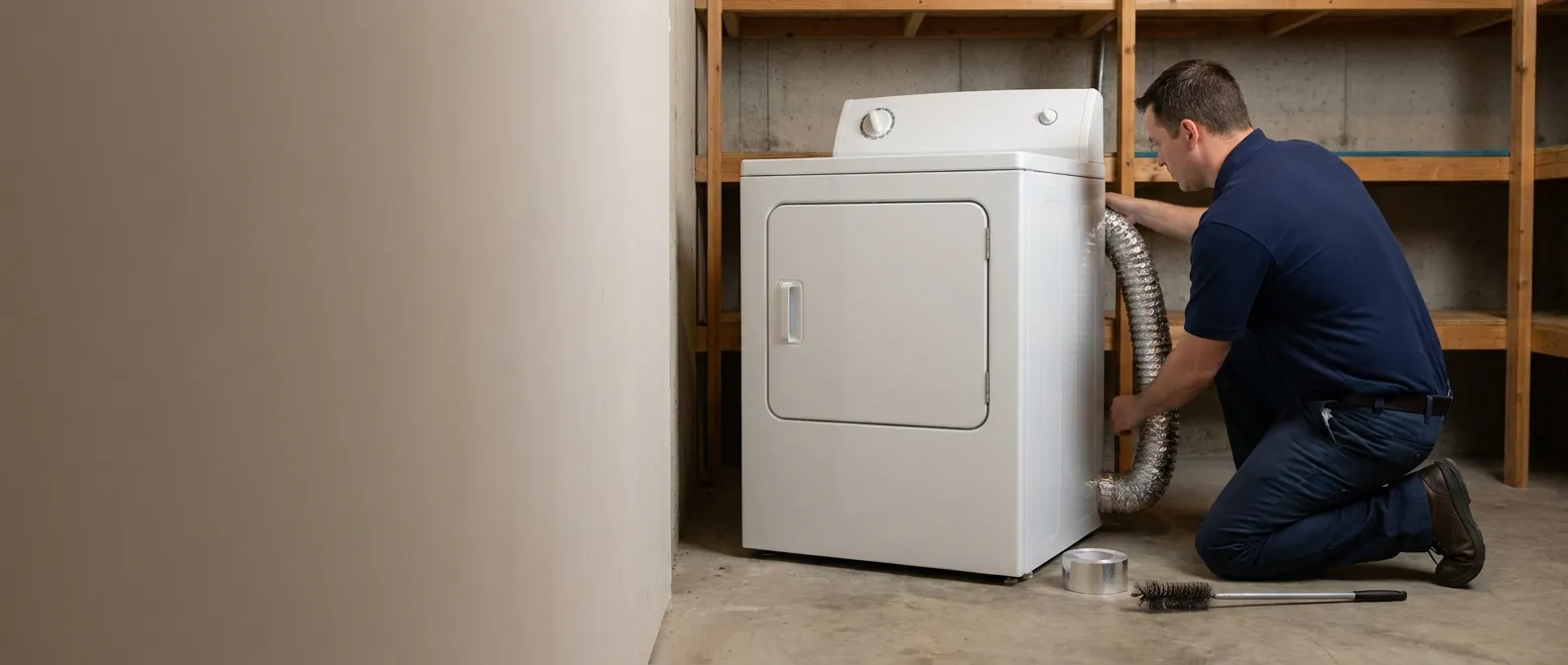 Technician repairing a Maytag dryer in a Southern California home