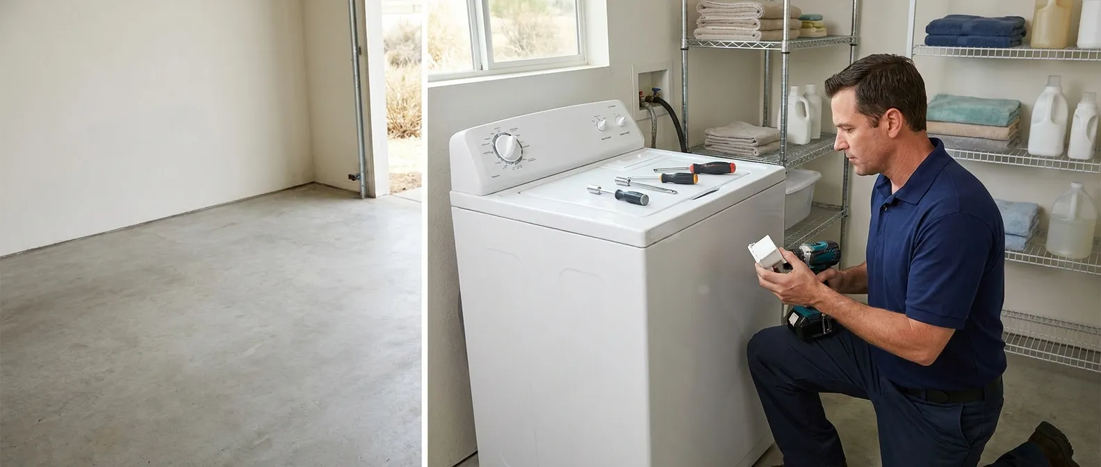 Technician repairing a Maytag washing machine in a Southern California home