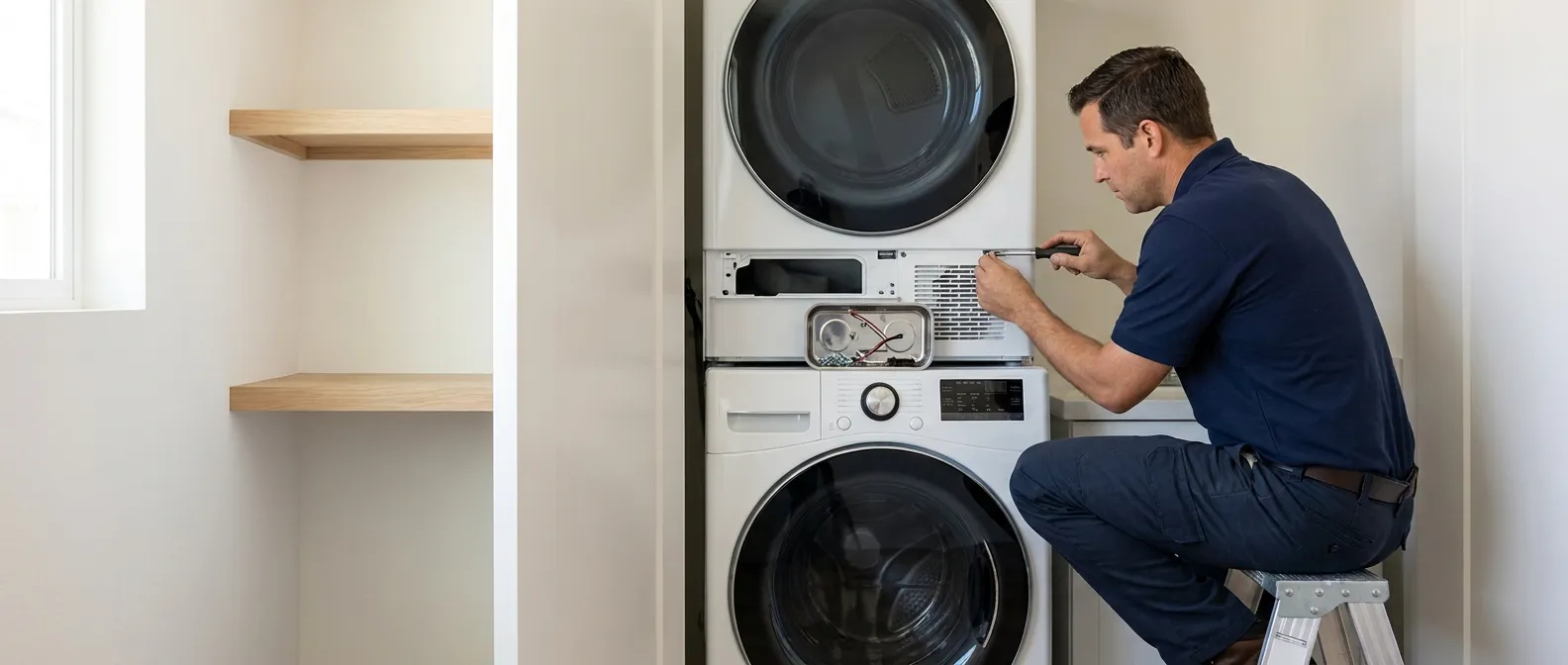 Technician repairing a Midea dryer in a Southern California home