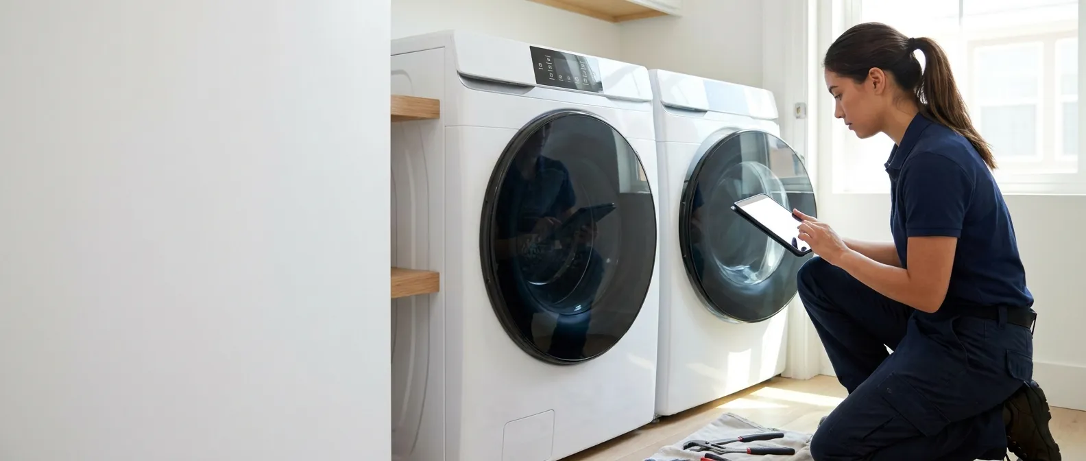 Technician repairing a Midea washing machine in a Southern California home