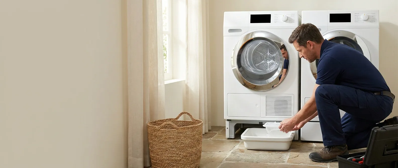 Technician repairing a Miele dryer in a Southern California home