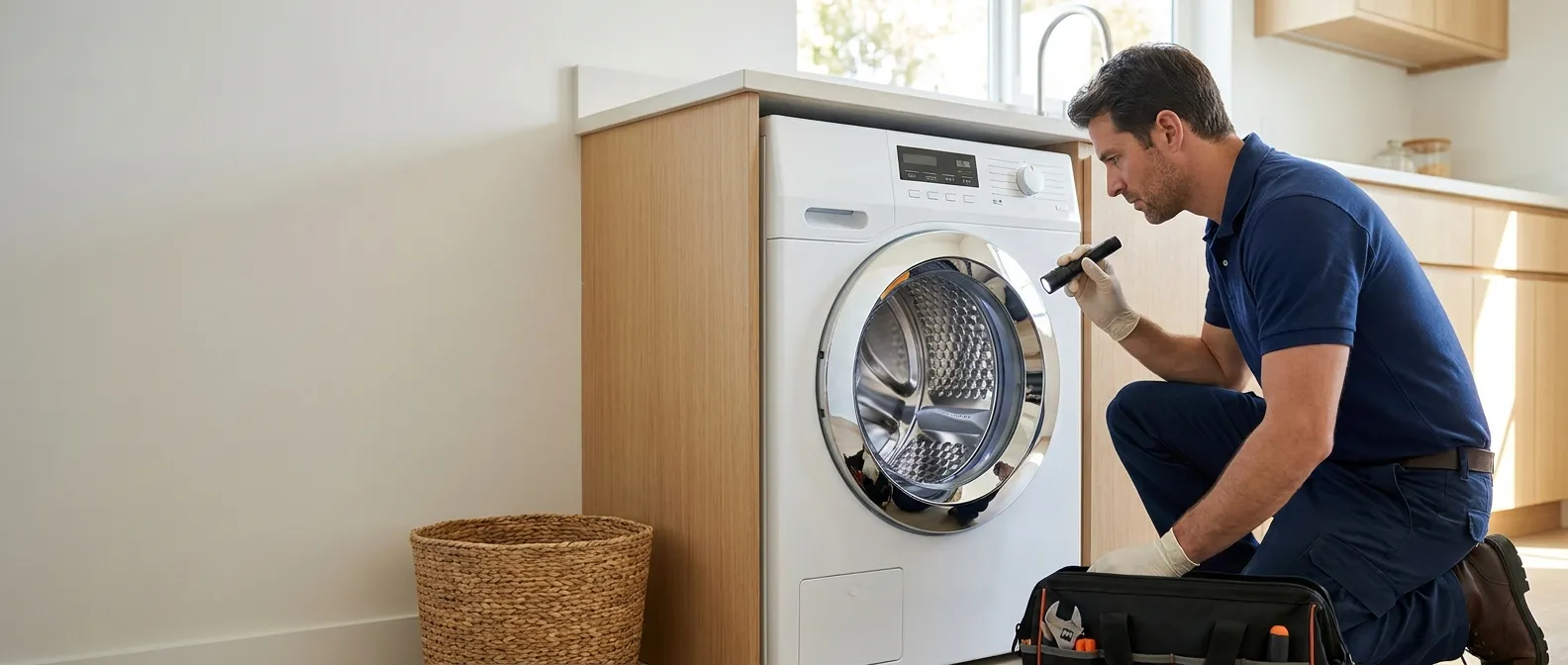 Technician repairing a Miele washing machine in a Southern California home