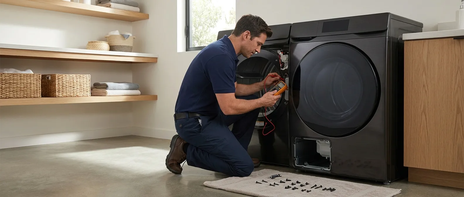 Technician repairing a Samsung dryer in a Southern California home
