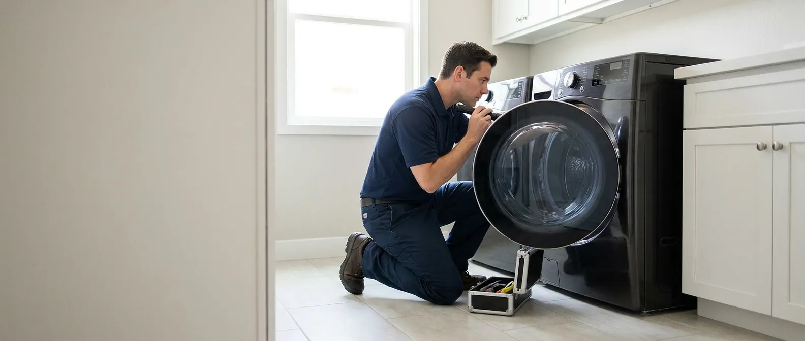 Technician repairing a Samsung washing machine in a Southern California home