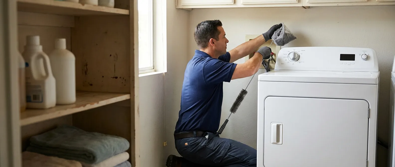 Technician repairing a Speed Queen dryer in a Southern California home