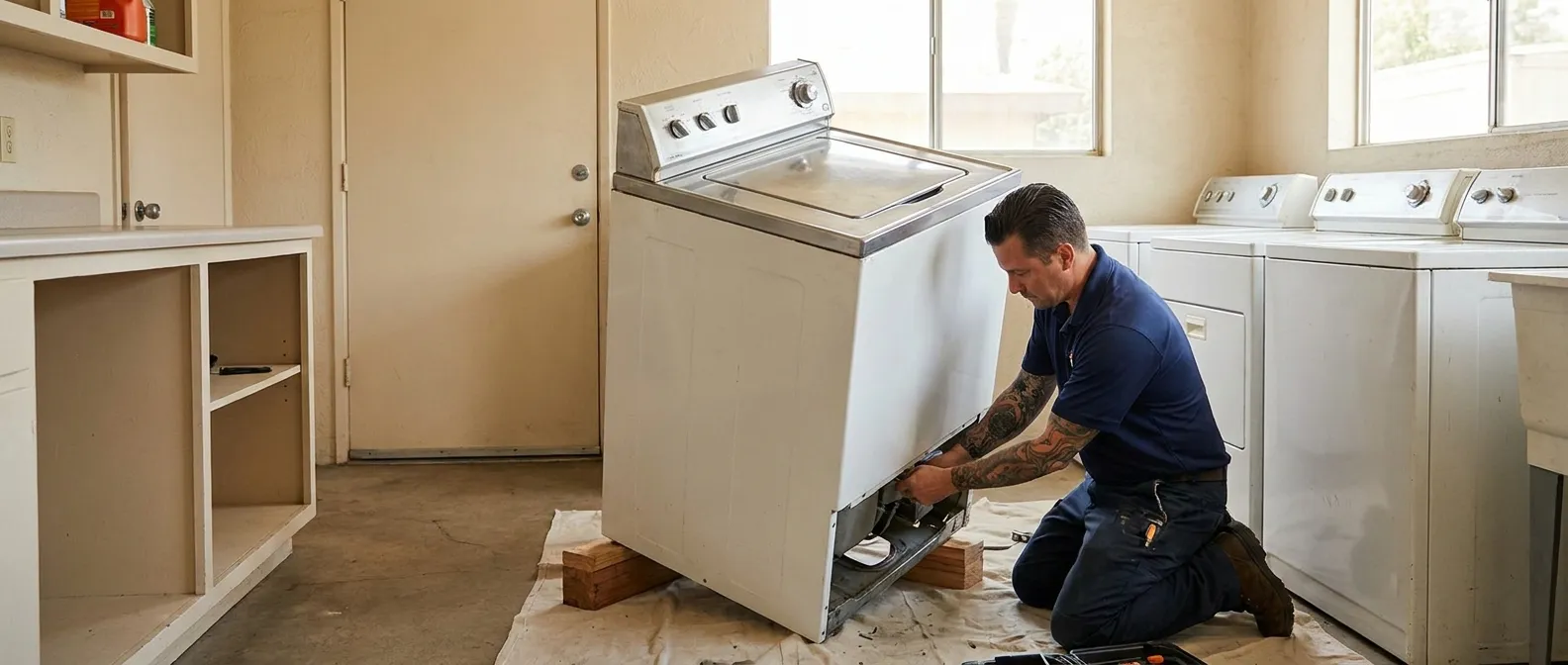 Technician repairing a Speed Queen washing machine in a Southern California home