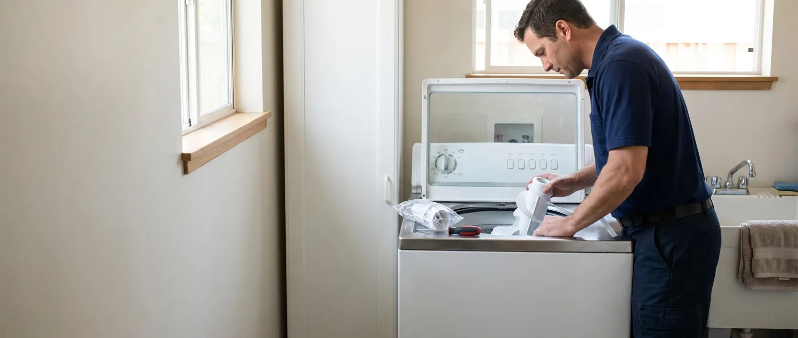 Technician repairing a Whirlpool washing machine in a Southern California home