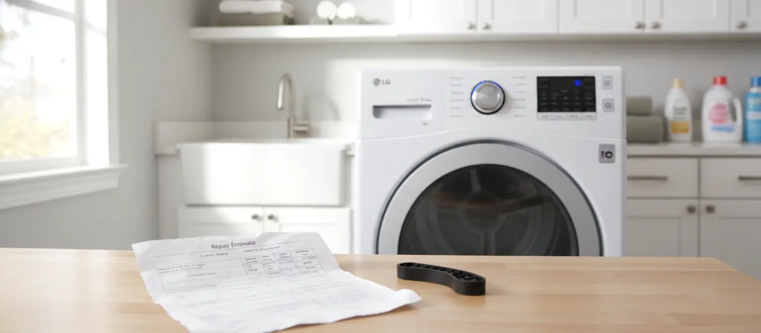 Dryer with a printed repair estimate and a spare part