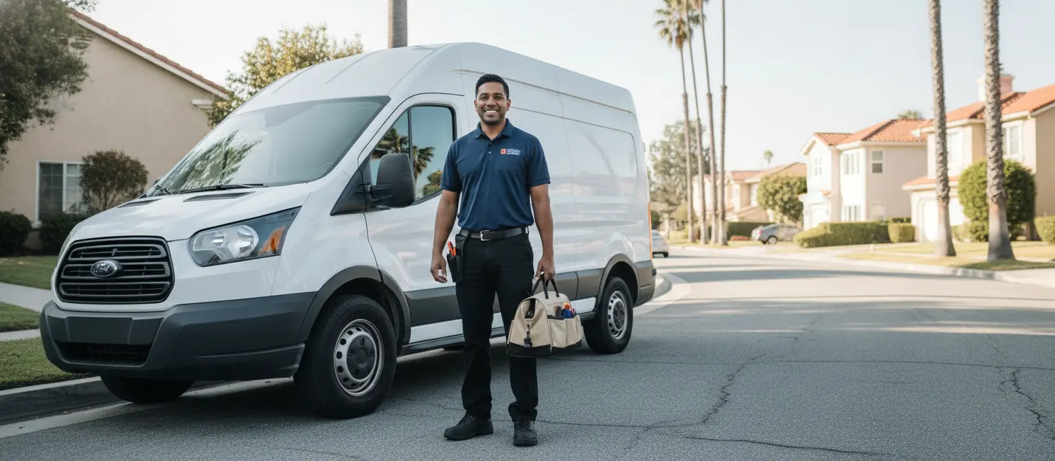 Laundry Medic technician arriving for a washer and dryer repair at a rental property