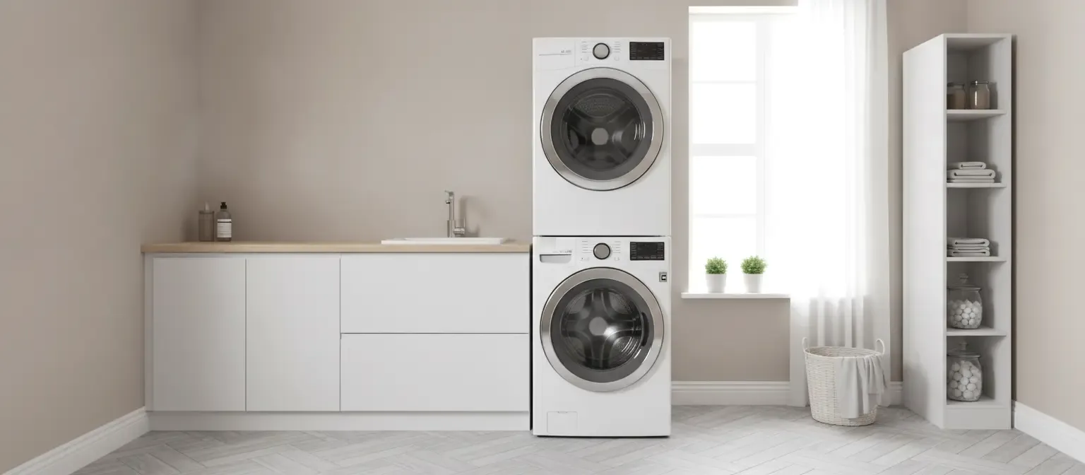 Stacked washer and dryer in a laundry room — we repair every brand