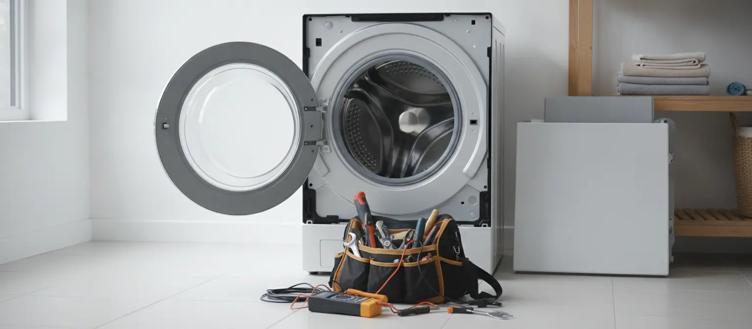 Washing machine with the front panel removed for repair