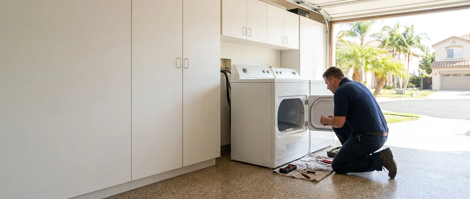 Technician repairing a dryer in a home in Orange County