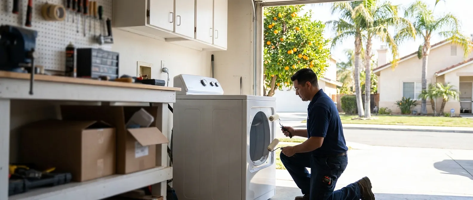 Technician repairing a dryer in a home in Riverside, CA