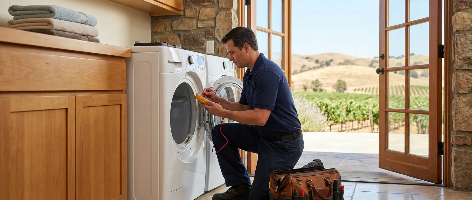 Technician repairing a dryer in a home in Temecula, CA
