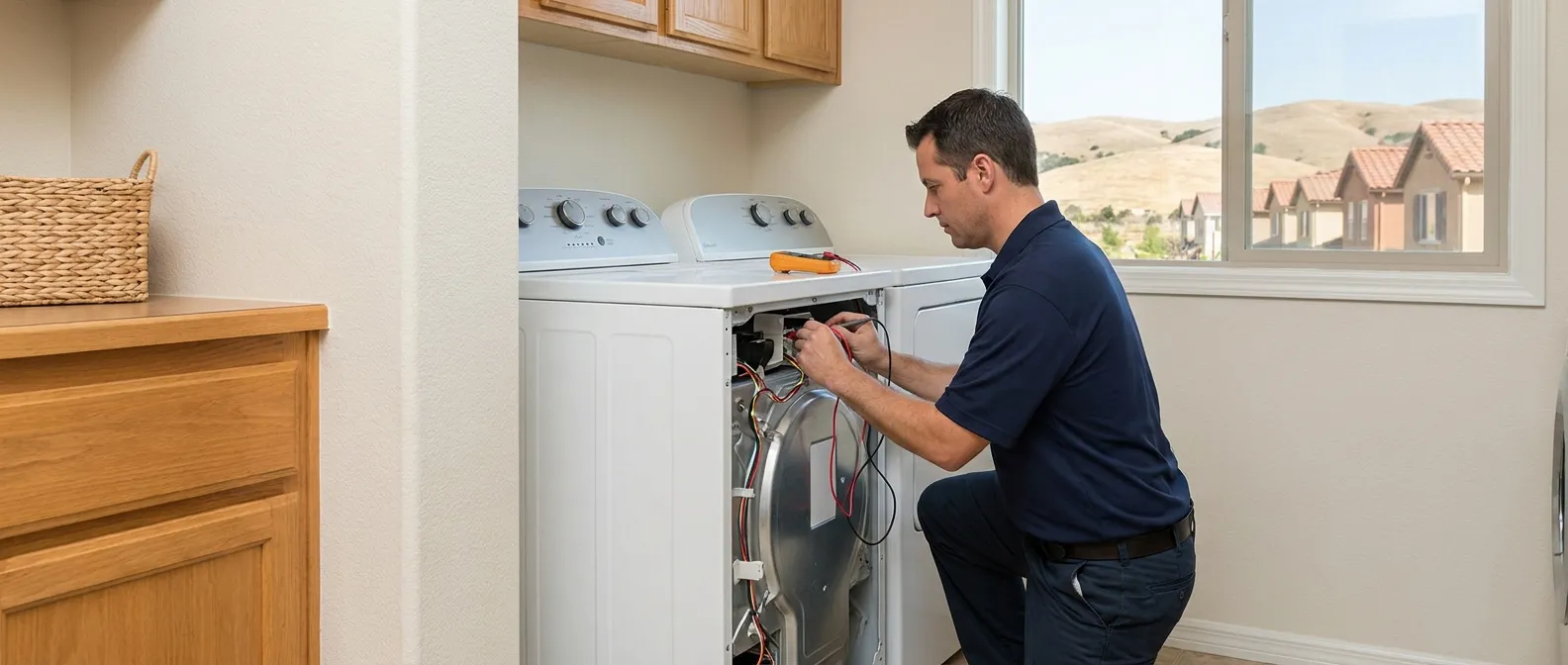 Technician repairing a dryer in a home in Riverside County