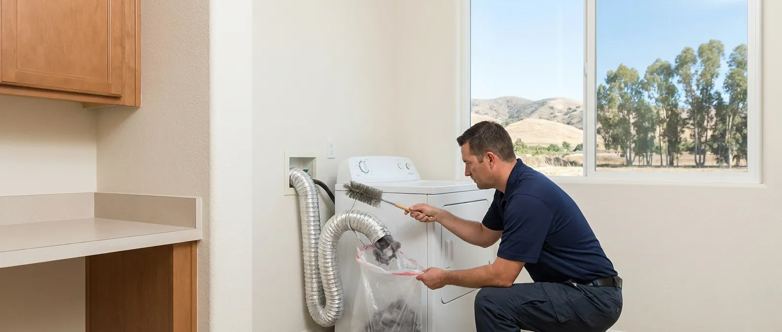 Technician repairing a dryer in a home in Rancho Cucamonga, CA