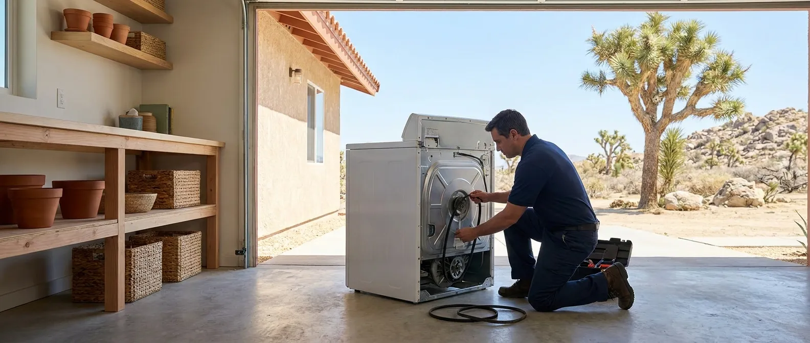 Technician repairing a dryer in a home in San Bernardino County
