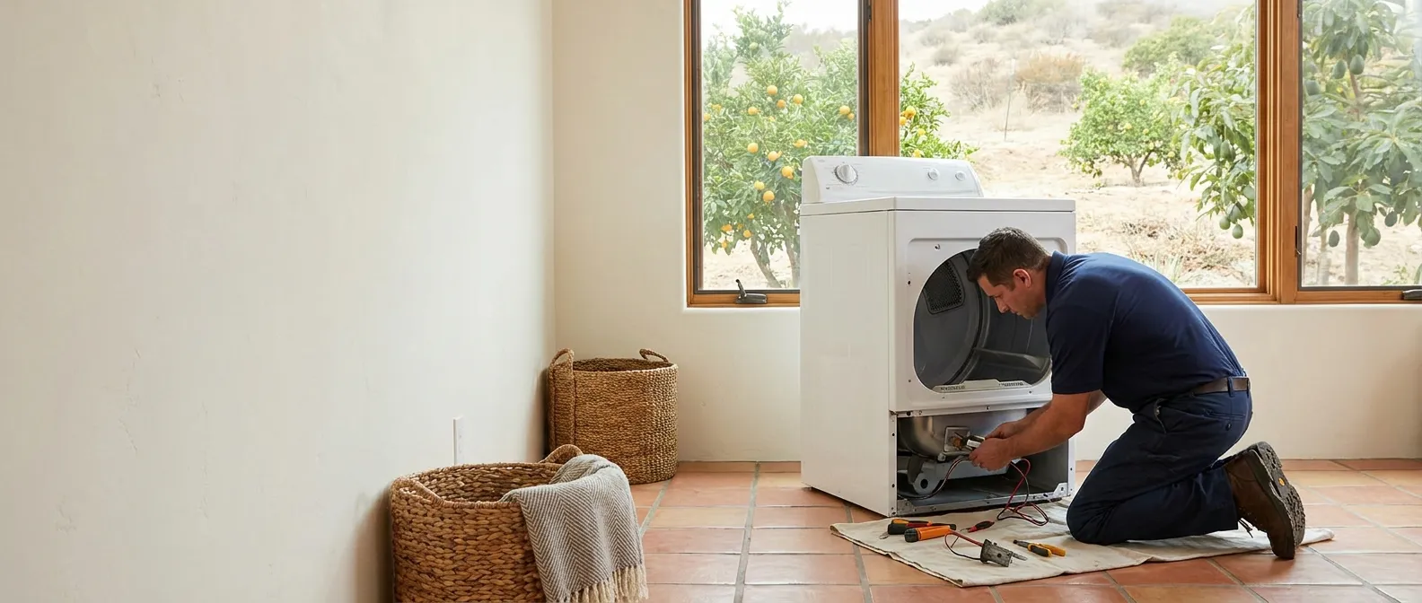 Technician repairing a dryer in a home in Escondido, CA