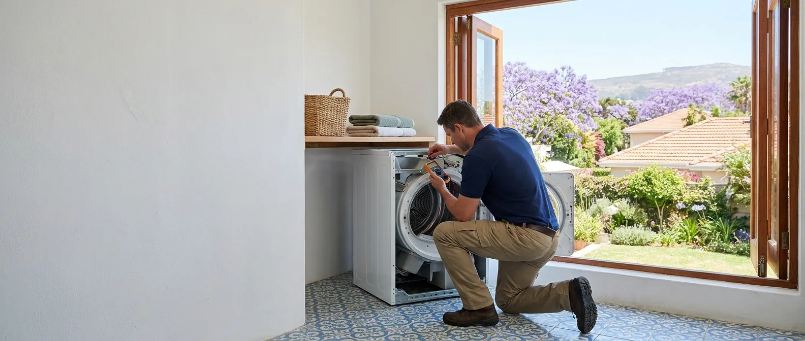 Technician repairing a dryer in a home in San Diego County