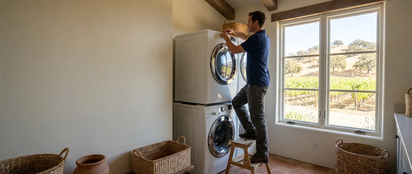 Technician repairing a dryer in a home in Santa Barbara County
