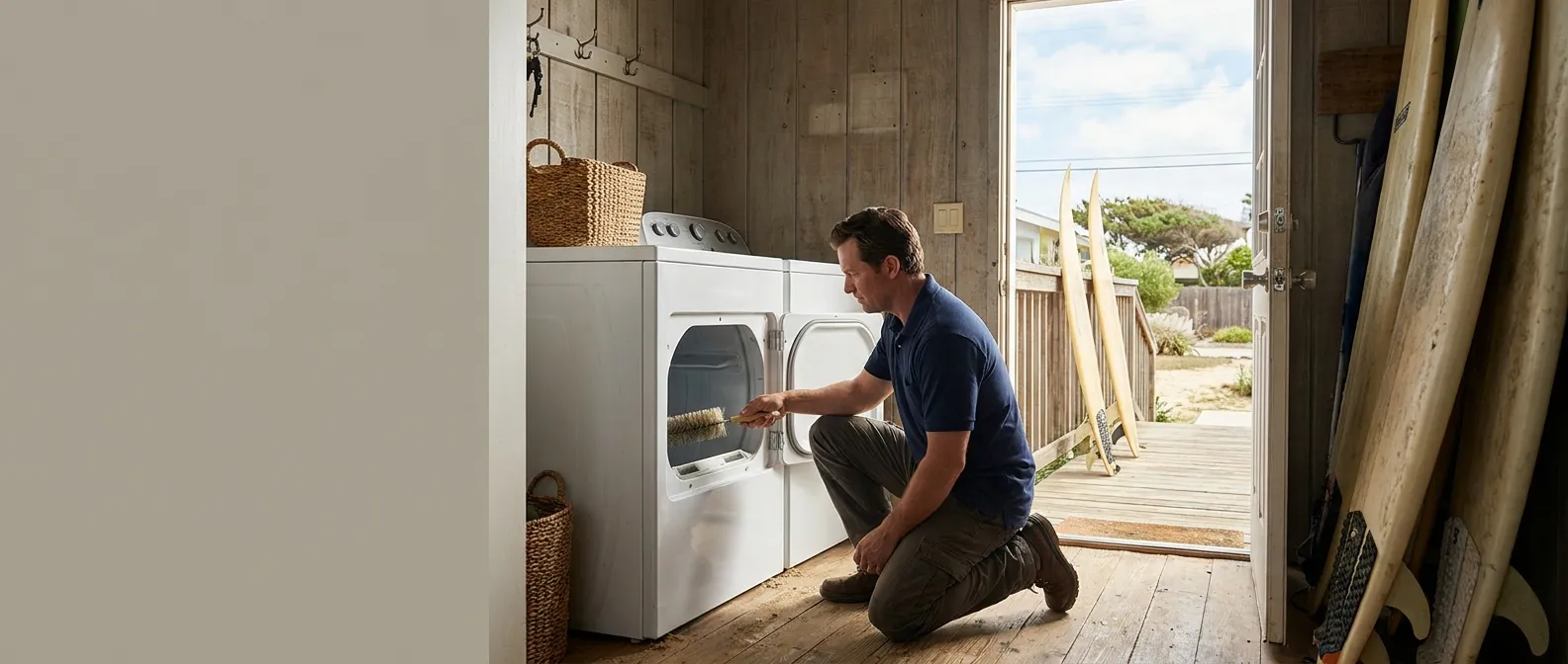 Technician repairing a dryer in a home in Ventura County