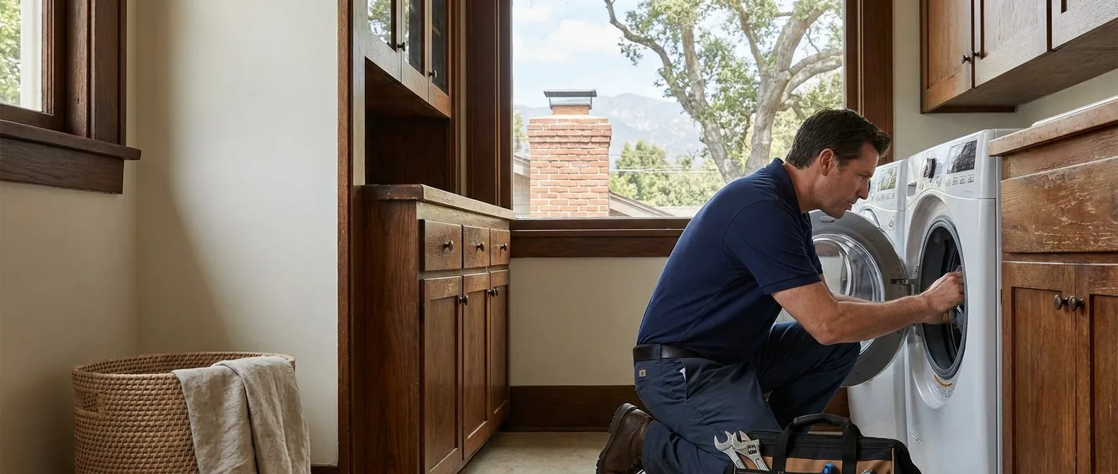 Technician repairing a washing machine in a home in Pasadena, CA